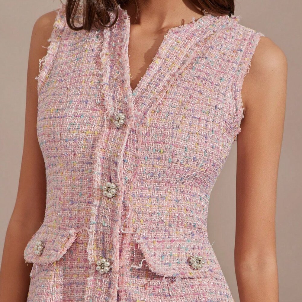 Pink Elegant Women's Floral Tweed Mini Dress - Picture 2 of 7